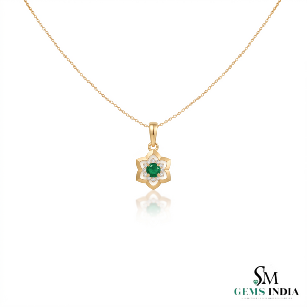 Round Natural Emerald Blossom Pendant Necklace in Gold Elegant Floral Design Jewelry Gift