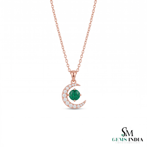 Crescent Moon Round Natural Emerald Pendant in 18k Gold Minimalist Birthstone Jewelry