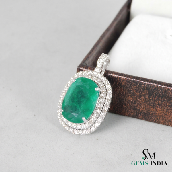 Cushion Cut Natural Emerald and Diamond Halo Pendant in 14K Gold Elegant Birthstone Jewelry