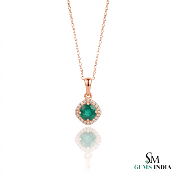 Round Emerald and Diamond Halo Pendant in 18K Gold May Birthstone Jewelry