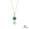 Round Emerald and Diamond Halo Pendant in 18K Gold May Birthstone Jewelry