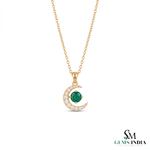 Crescent Moon Round Natural Emerald Pendant in 18k Gold Minimalist Birthstone Jewelry