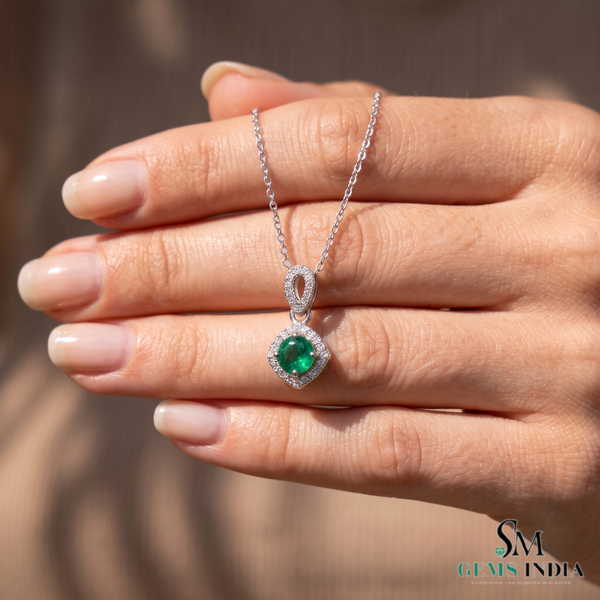 Round Emerald and Diamond Halo Pendant in 18K Gold May Birthstone Jewelry