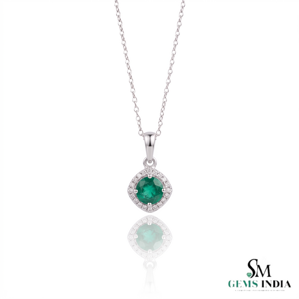 Round Emerald and Diamond Halo Pendant in 18K Gold May Birthstone Jewelry