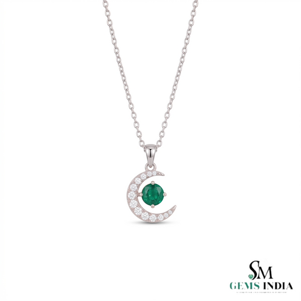 Crescent Moon Round Natural Emerald Pendant in 18k Gold Minimalist Birthstone Jewelry