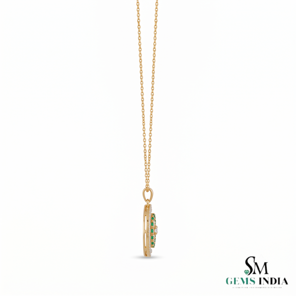 Round Natural Emerald and Diamond Spiral Flower Pendant in 18K Gold