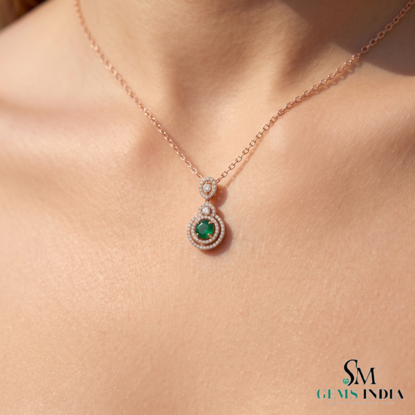 Eternal Round Natural Emerald Circle Pendant Double Halo Gold Pendant