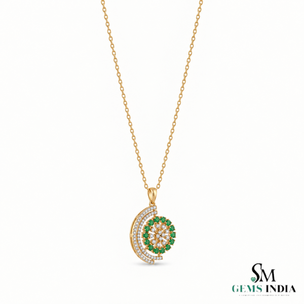 Round Natural Emerald and Diamond Spiral Flower Pendant in 18K Gold