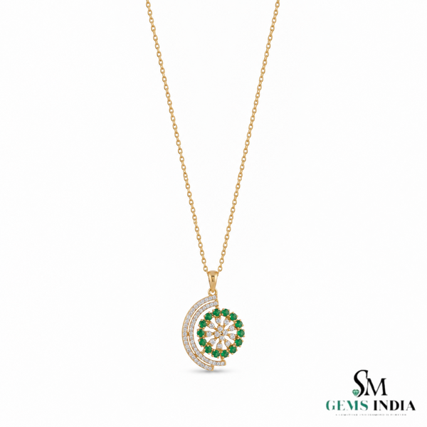 Round Natural Emerald and Diamond Spiral Flower Pendant in 18K Gold