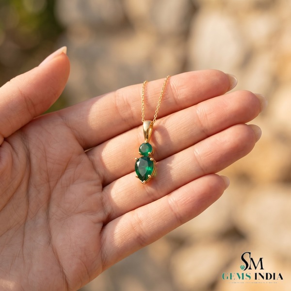 Two-Stone Natural Emerald Drop Pendant Round Pear Cut Design