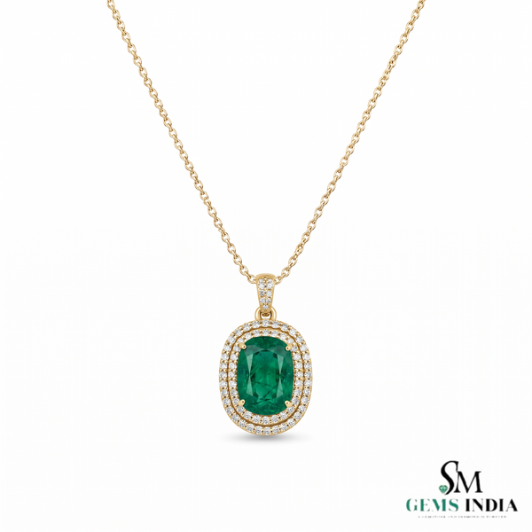 Cushion Cut Natural Emerald and Diamond Halo Pendant in 14K Gold Elegant Birthstone Jewelry