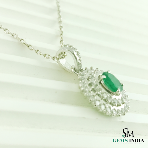 1 carat Vintage Style Oval Emerald Pendant with Diamond Halo in 14K Gold