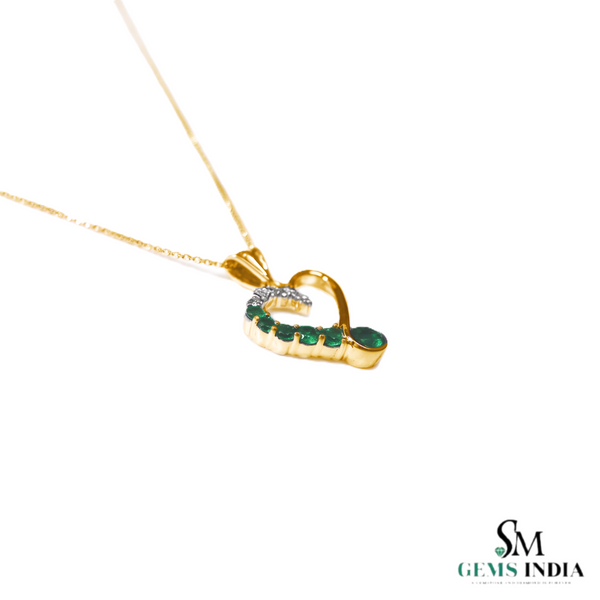14K Gold Heart Pendant with Round Natural Emerald and Diamond Stones Luxury Gift for Woman