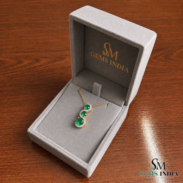 Round shaped Three Stone “S-Curve Natural Emerald and Diamond Halo Pendant Necklace in 14K gold