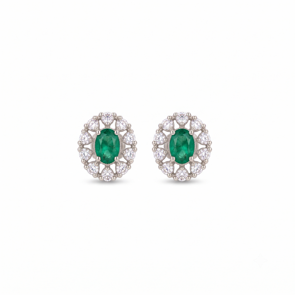 Oval Natural Emerald Stud Earrings 14k Gold Diamond Halo Earrings