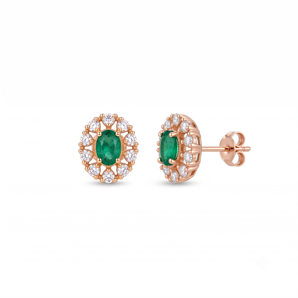 Oval Natural Emerald Stud Earrings 14k Gold Diamond Halo Earrings
