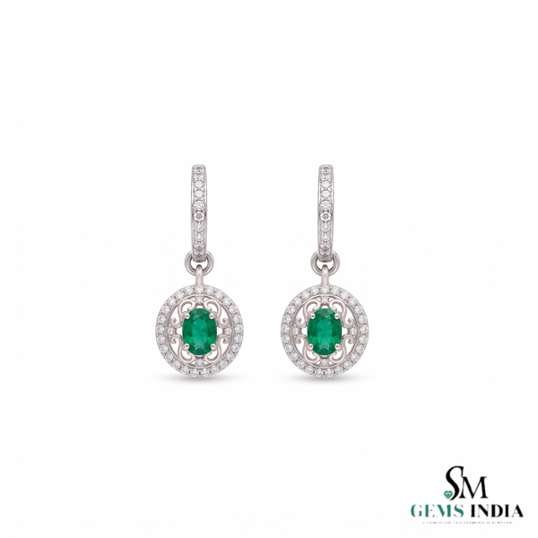 2 carat Natural Emerald Oval 14k Gold Dangle Earrings with Diamond Halo