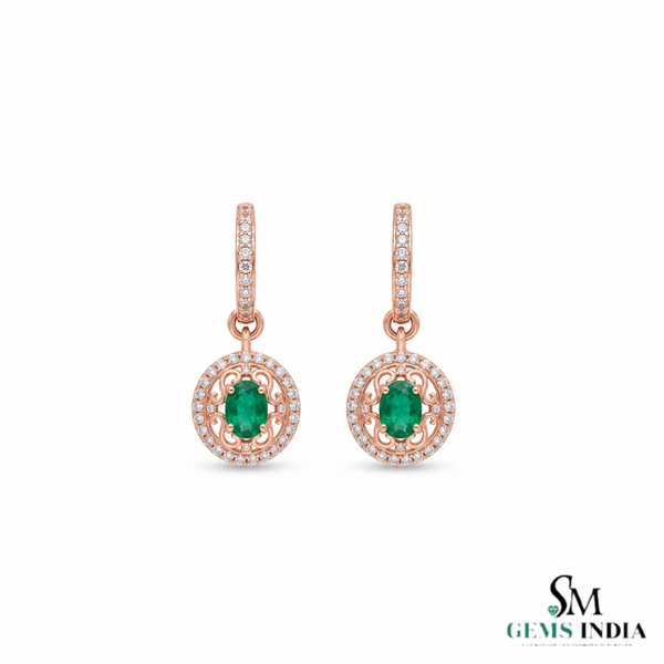 2 carat Natural Emerald Oval 14k Gold Dangle Earrings with Diamond Halo