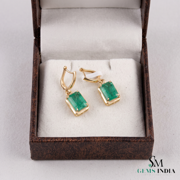 Emerald Cut Natural Emerald 14k Gold Dangle Earrings Diamond Halo Women Earring