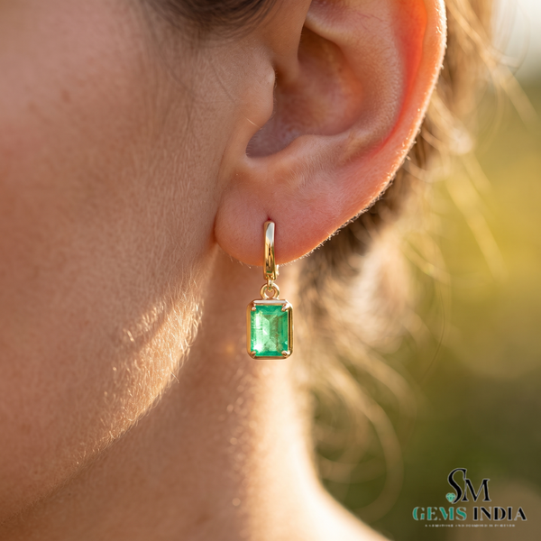 Emerald Cut Natural Emerald 14k Gold Dangle Earrings Diamond Halo Women Earring