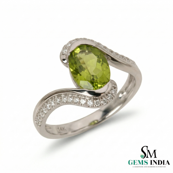 Oval Green Peridot Twist Ring with Diamond Accents - Peridot engagement ring
