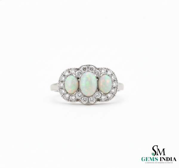 Oval and round Opal Diamond Halo Ring Vintage Style Gemstone Ring