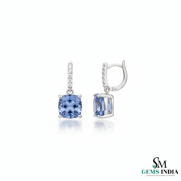 Elegant Cushion Cut Tanzanite Diamond Dangle Earrings in 18K Gold