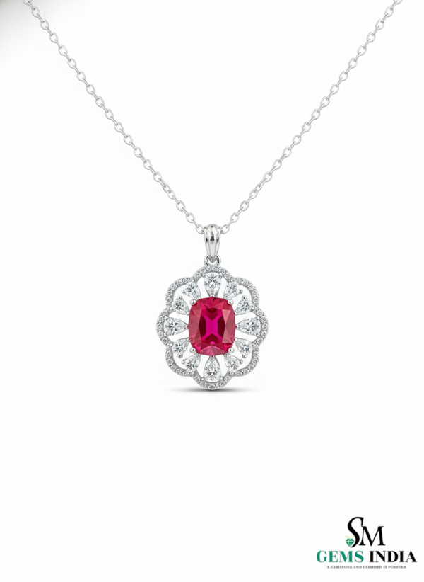 Cushion Cut Ruby & Diamond Floral Halo Pendant in 14k and 18k Gold