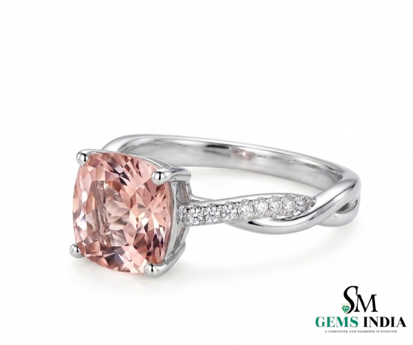 Cushion Cut Peach Morganite Ring with Twisted Diamond Band