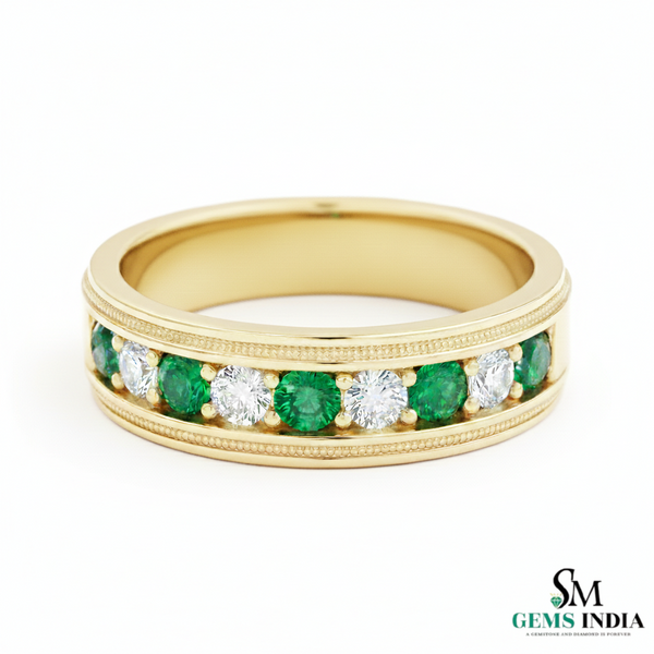 Men's 18k Gold Genuine Emerald & Diamond Wedding Band – May Birthstone