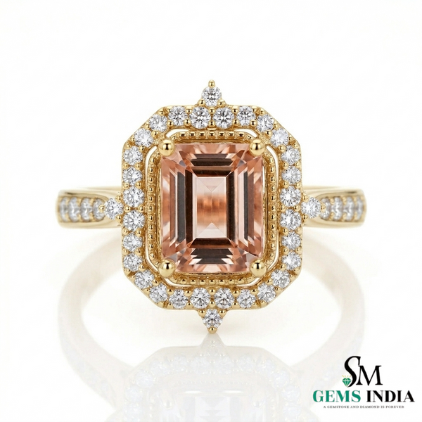 Emerald Cut Peach Morganite Ring with Diamond Halo Engagement Ring