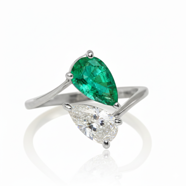Pear Shape Natural Emerald And Moissanite Solitaire Ring - Women May Birthstone Gift Ring