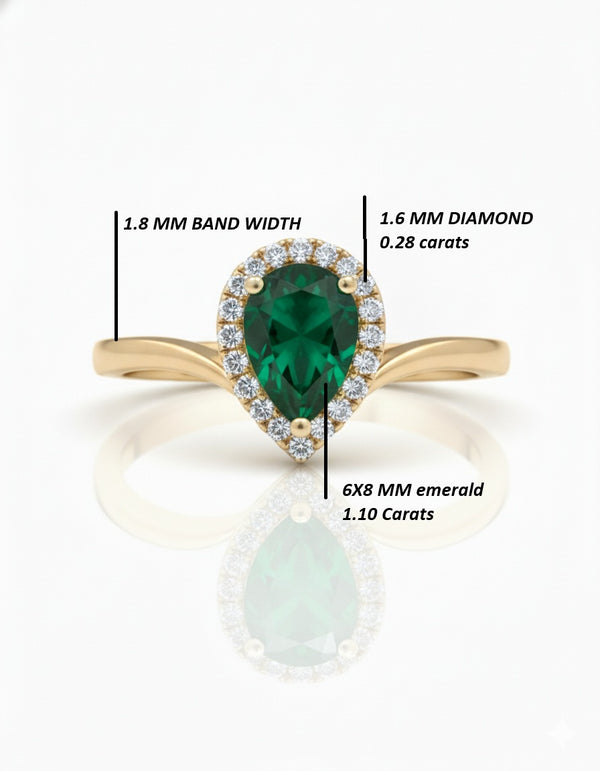 1.10 carat Pear Shape Natural Emerald And Diamond Engagement Ring in 14k Solid Gold Minimalist Fine Jewelry