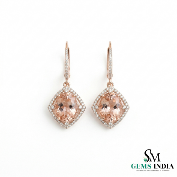Oval Cut Morganite Halo Earrings with Diamond Accents – Elegant Bridal Dangle Jewelry