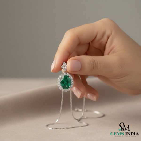Oval Cut Natural Emerald Pendant with Diamond Halo Gemstone pendant for women