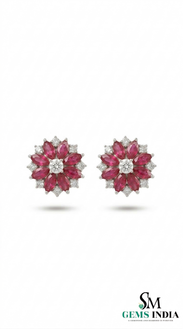 Marquise Ruby Flower Stud Earrings with Diamonds - July Birthstone Jewelry