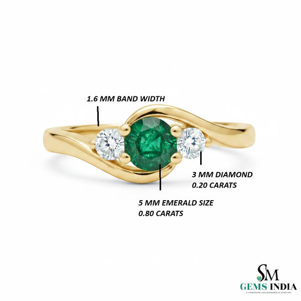 Round Natural Emerald Center Diamond Side Stone Curved Band Ring