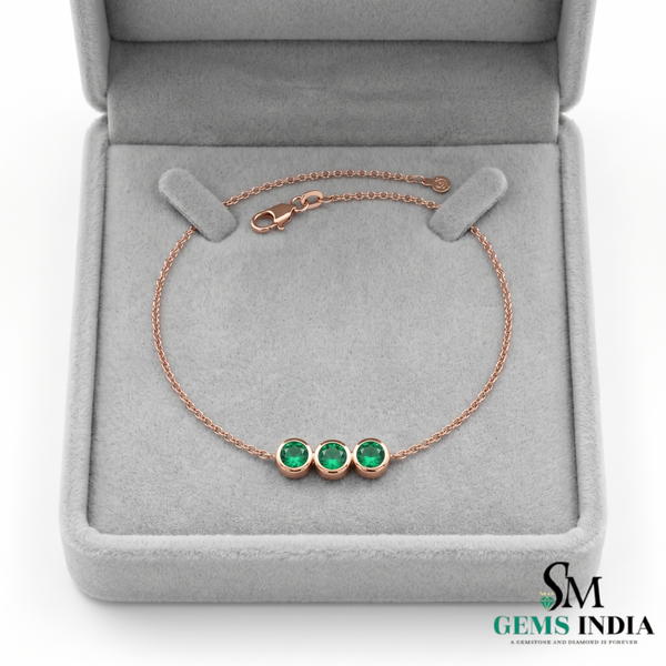 Fine Emerald Three Stone Bracelet – 14K Gold Bezel Set Trio Minimal Everyday Jewelry