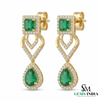 14K Gold Square Cut & Pear Emerald Diamond Dangle Earrings
