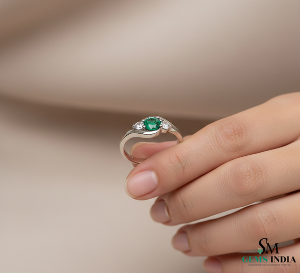 Round Natural Emerald Center Diamond Side Stone Curved Band Ring
