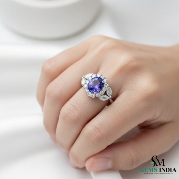 Round Tanzanite & Diamond Halo Ring with Marquise Side Diamonds in 18k Gold