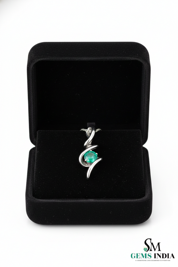 Natural Emerald Round Stone Curved Twist Pendant - Green Gemstone Jewelry