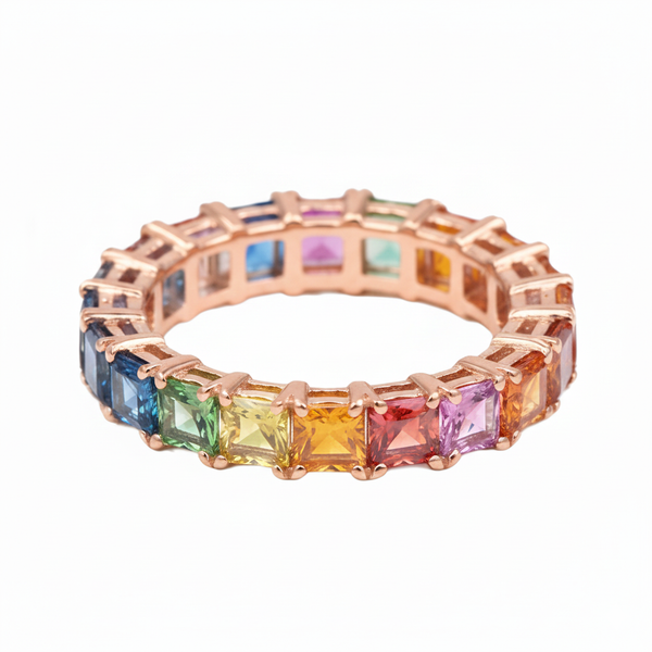 Doppelter Smaragd-Ring in offenem Design aus 14 Karat Gold – Band mit quadratisch und rund geschliffenen grünen Edelsteinen