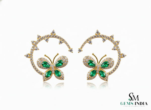 1.80 carat 14k Gold Marquise Emerald Butterfly Huggie Earrings Natural Emerald &amp; Diamond