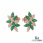 Green Emerald & Diamond Floral Stud Earrings – Elegant Gold Jewelry