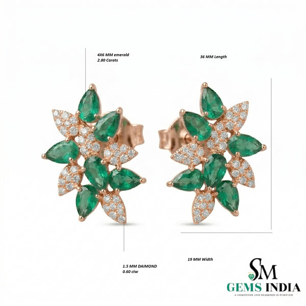 Green Emerald & Diamond Floral Stud Earrings – Elegant Gold Jewelry