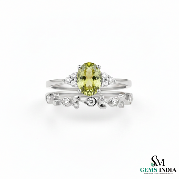 Oval Natural Green Peridot &amp; Diamond Two-Piece Ring Set in 14k and 18k gold - August birthstone