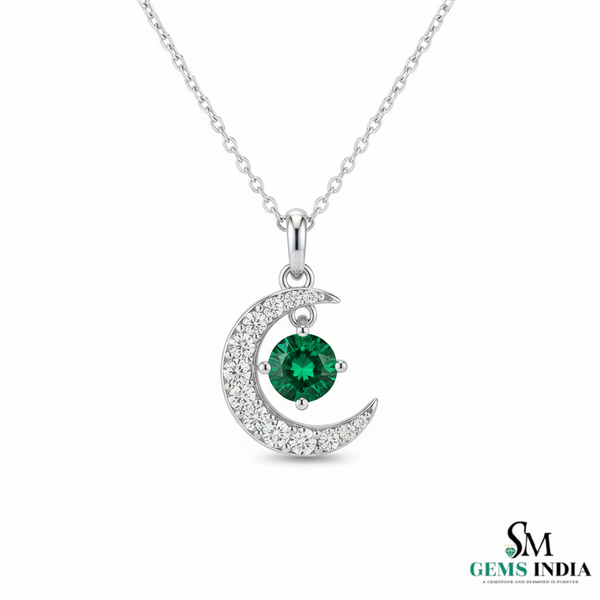 Crescent Moon Round Natural Emerald Pendant in 18k Gold Minimalist Birthstone Jewelry