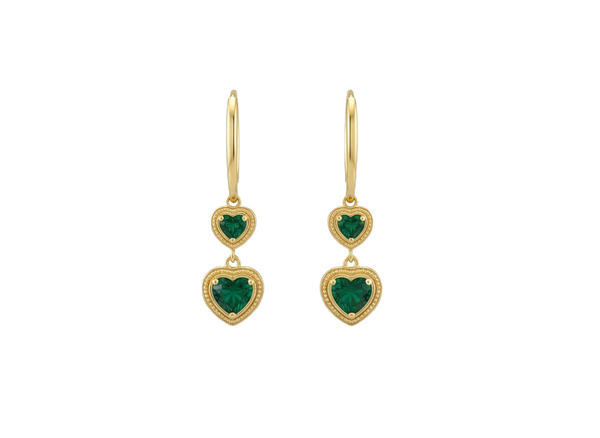 Romantic Double Heart Natural emerald Dangle Earrings in Gold with Green Stones