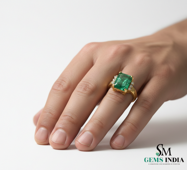 Natural Octagon Emerald & Diamond Mens Ring - 14K Solid Gold Engagement Ring